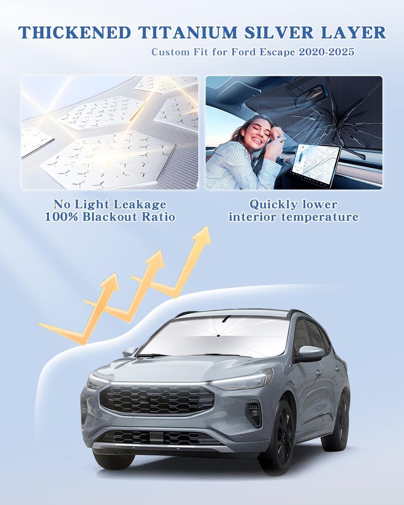 Epltion [Upgrade] Portable for Ford Escape 2020-2025 Windshield Sunshade[Military-Grade Sturdy] with Carry Bag, Ice Crystal Durable Shade Umbrella UPF50+ UV Front Window Heat Insulation Outdoor Camping - Image 2